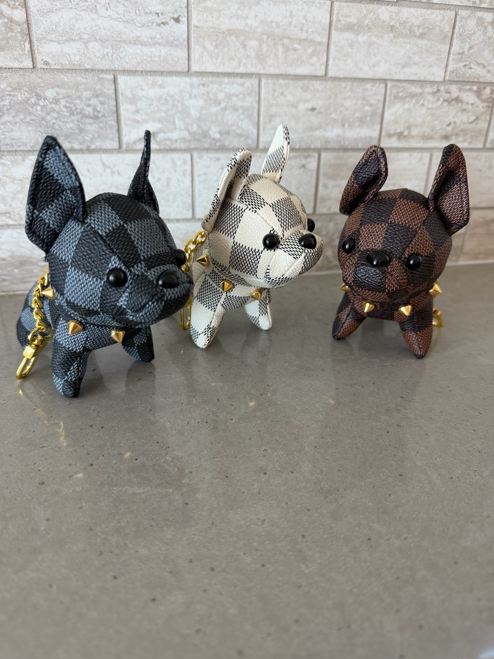 Plaid Bull Dog Keychain - Black, White, Brown